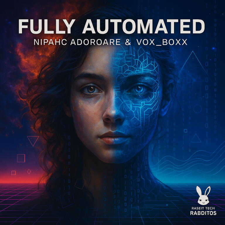 A digital artwork featuring a woman's face, split between human features and circuitry.